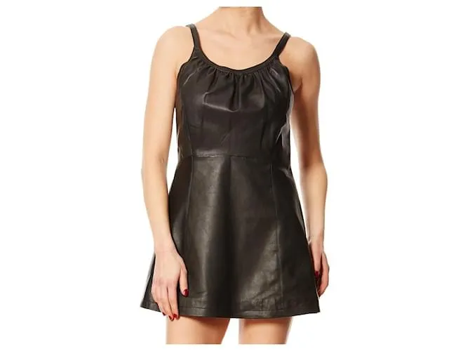 AUTRE MARQUE ISACO & KAWA  VESTIDO CORTO DE TIRANTES DE LENCERíA NEGRA DE CUERO T44 NEGRO 