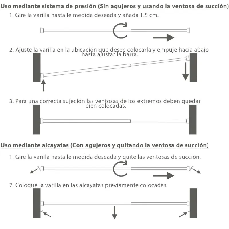Barra Visillo Extensible 60/105 cm. con Muelle Presion, Soportes y Ventosas (2 Piezas)