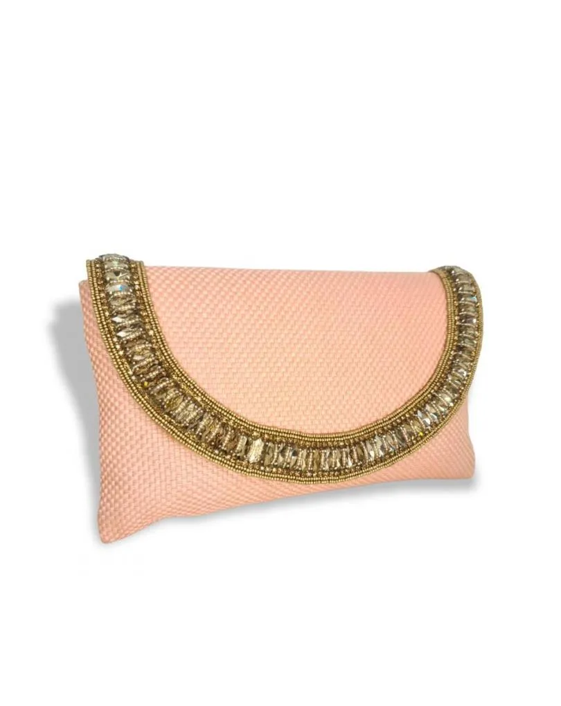 BOLSO DE FIESTA COLOR SALMON DE RAFIA Y CRISTALES