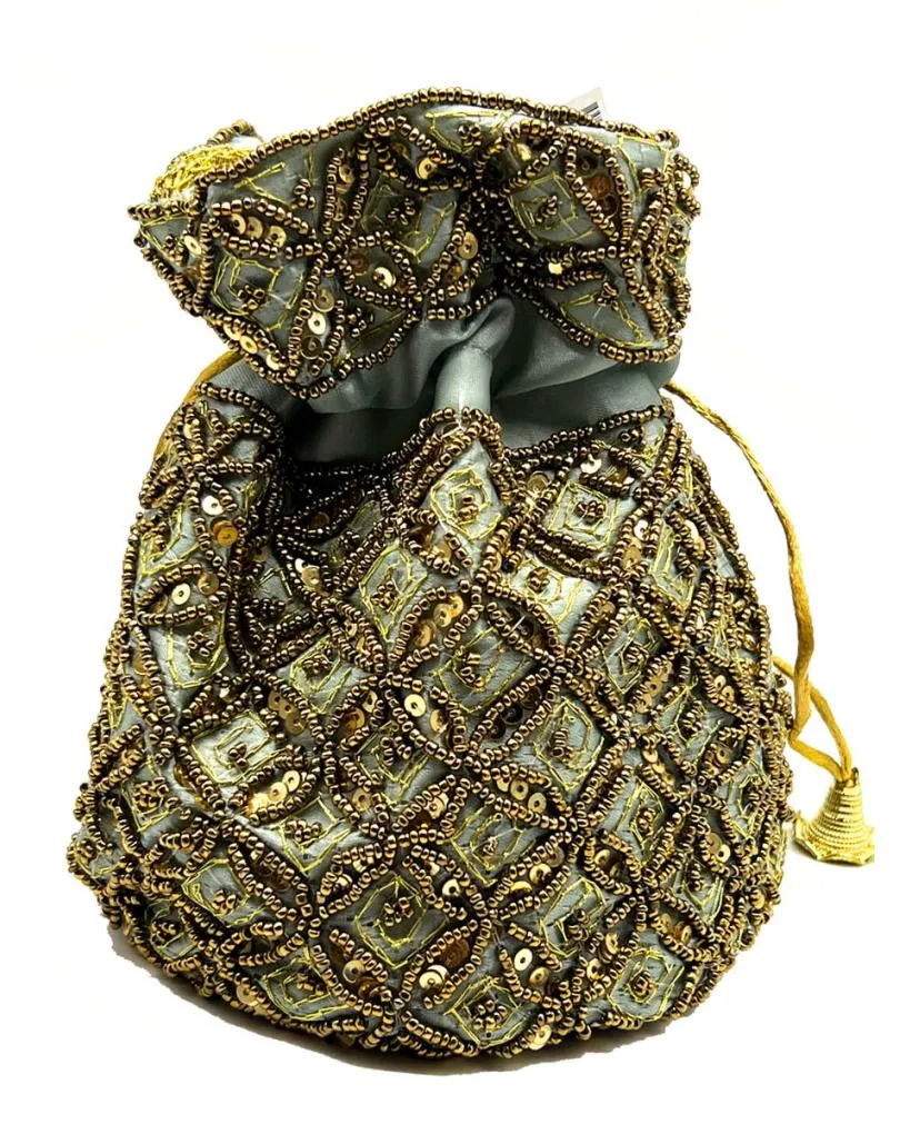 BOLSOS LIMOSNERA GRIS PLATA CON BORADOS EN DORADO