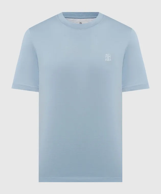 BRUNELLO CUCINELLI BLUE TSHIRT WITH LOGO EMBLEM PRINT