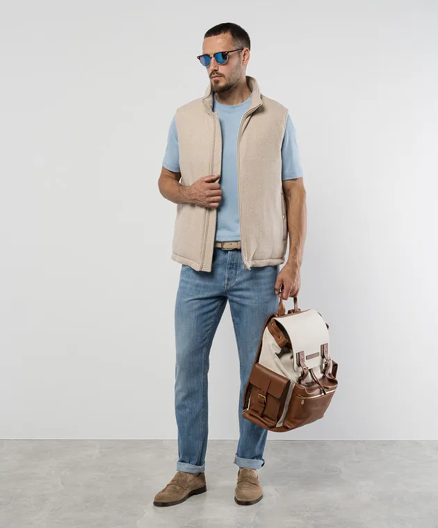 BRUNELLO CUCINELLI BLUE TSHIRT WITH LOGO EMBLEM PRINT