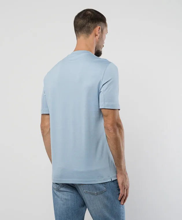 BRUNELLO CUCINELLI BLUE TSHIRT WITH LOGO EMBLEM PRINT
