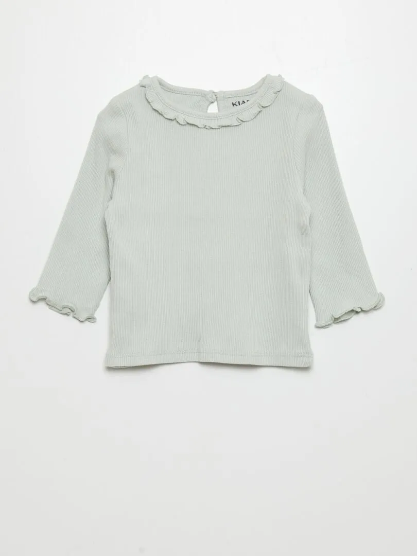 CAMISETA DE PUNTO DE CANALé CON VOLANTE EN EL CUELLO  AZUL