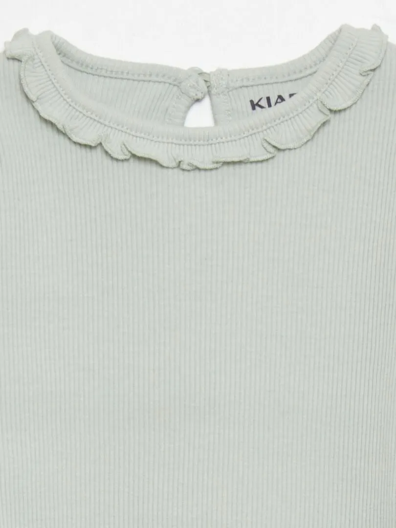 CAMISETA DE PUNTO DE CANALé CON VOLANTE EN EL CUELLO  AZUL