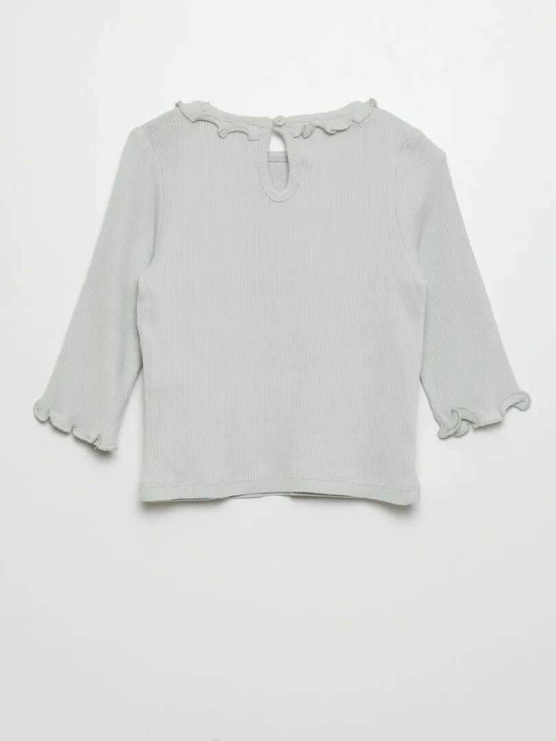 CAMISETA DE PUNTO DE CANALé CON VOLANTE EN EL CUELLO  AZUL