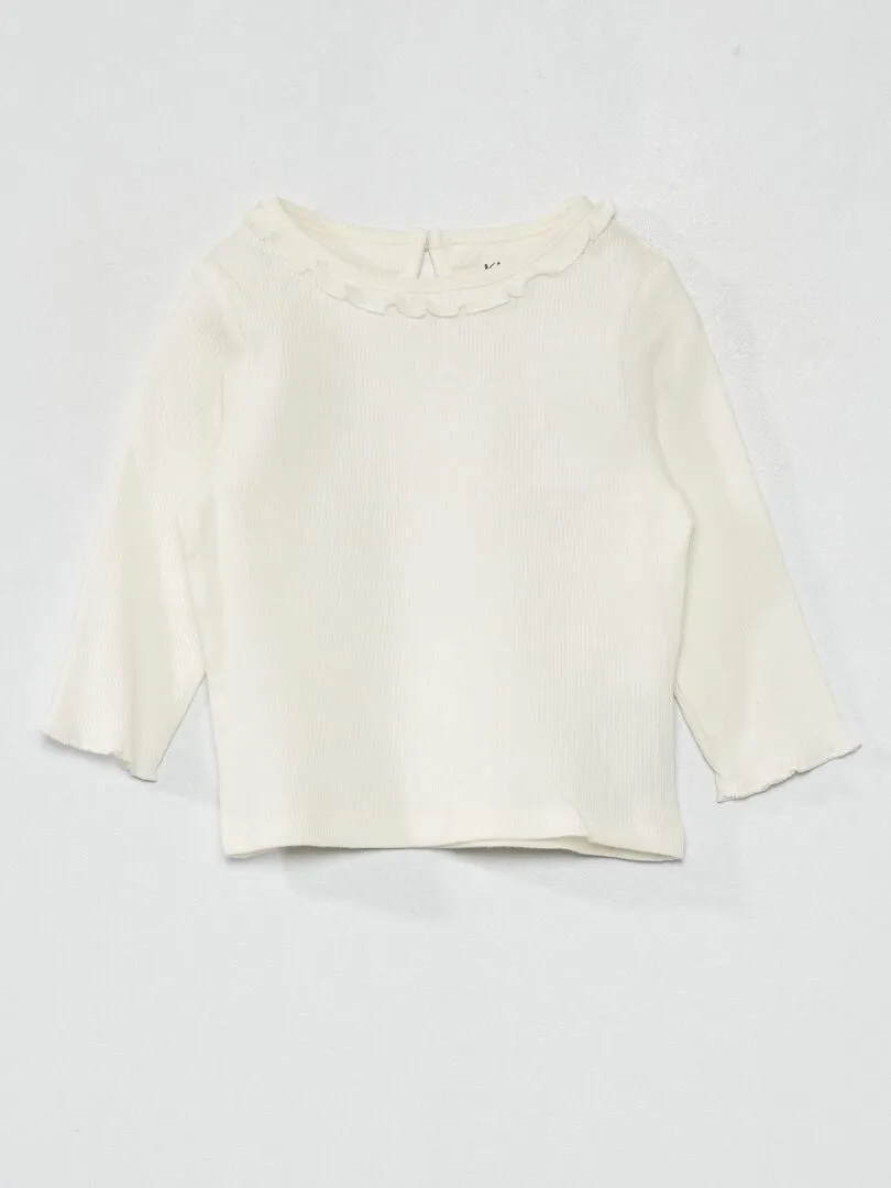 CAMISETA DE PUNTO DE CANALé CON VOLANTE EN EL CUELLO  BLANCO