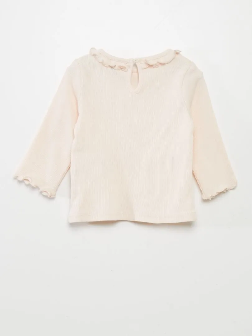 CAMISETA DE PUNTO DE CANALé CON VOLANTE EN EL CUELLO  ROSA