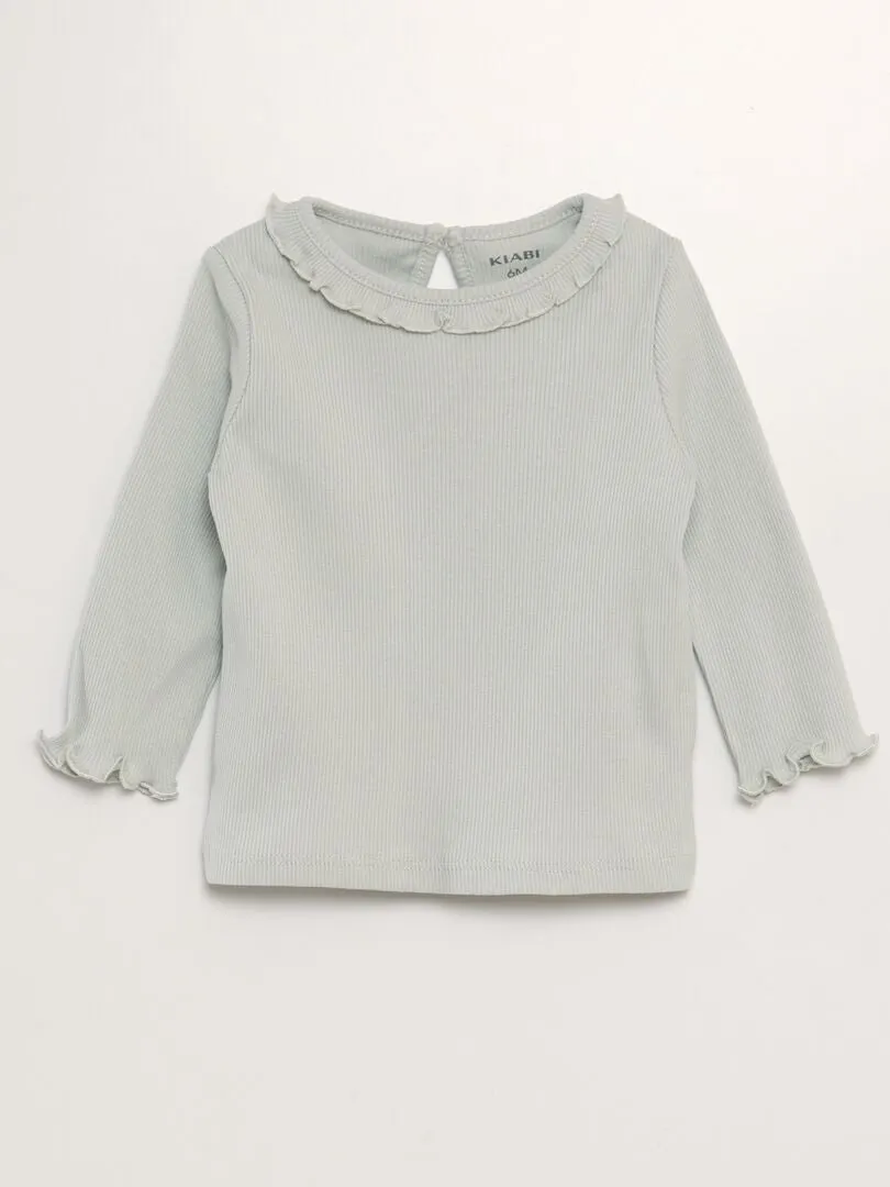 CAMISETA DE PUNTO DE CANALé CON VOLANTE EN EL CUELLO  VERDE