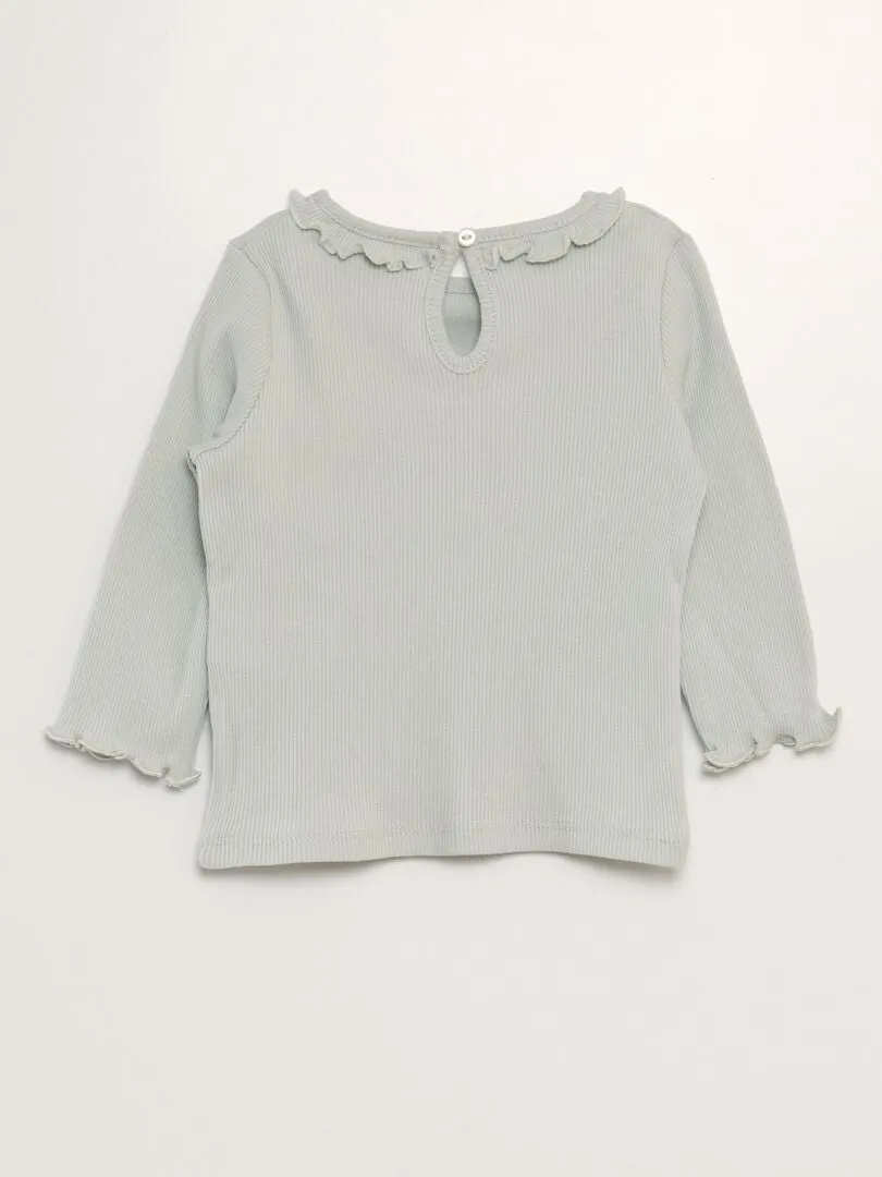 CAMISETA DE PUNTO DE CANALé CON VOLANTE EN EL CUELLO  VERDE