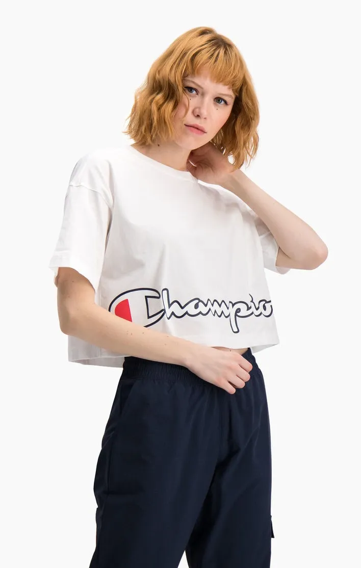 CAMISETA MANGA CORTA CHAMPION CHICA CROPPED SCRIPT LOGO PRINT BOXY TSHIRT REF. 112655 BLANCA LOGO PARTE INFERIOR