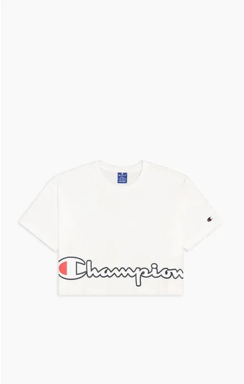 CAMISETA MANGA CORTA CHAMPION CHICA CROPPED SCRIPT LOGO PRINT BOXY TSHIRT REF. 112655 BLANCA LOGO PARTE INFERIOR
