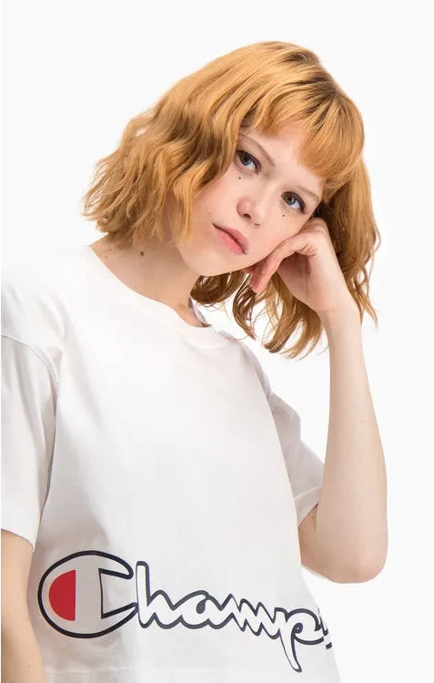 CAMISETA MANGA CORTA CHAMPION CHICA CROPPED SCRIPT LOGO PRINT BOXY TSHIRT REF. 112655 BLANCA LOGO PARTE INFERIOR