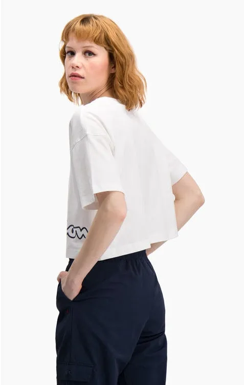 CAMISETA MANGA CORTA CHAMPION CHICA CROPPED SCRIPT LOGO PRINT BOXY TSHIRT REF. 112655 BLANCA LOGO PARTE INFERIOR