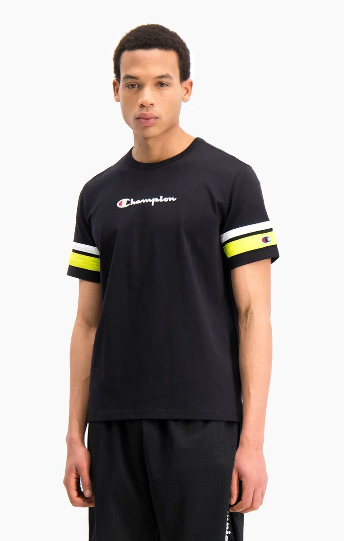 CAMISETA MANGA CORTA CHAMPION HOMBRE CUELLO REDONDO STRIPE DETAIL SCRIPT LOGO TSHIRT REF. 214267 NEGRO BANDAS MANGA