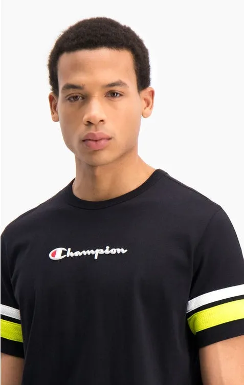 CAMISETA MANGA CORTA CHAMPION HOMBRE CUELLO REDONDO STRIPE DETAIL SCRIPT LOGO TSHIRT REF. 214267 NEGRO BANDAS MANGA