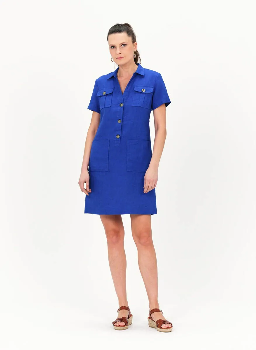 CAROLL LAUREB  VESTIDO CORTO DE LINO CON CUELLO CLáSICO EN AZUL