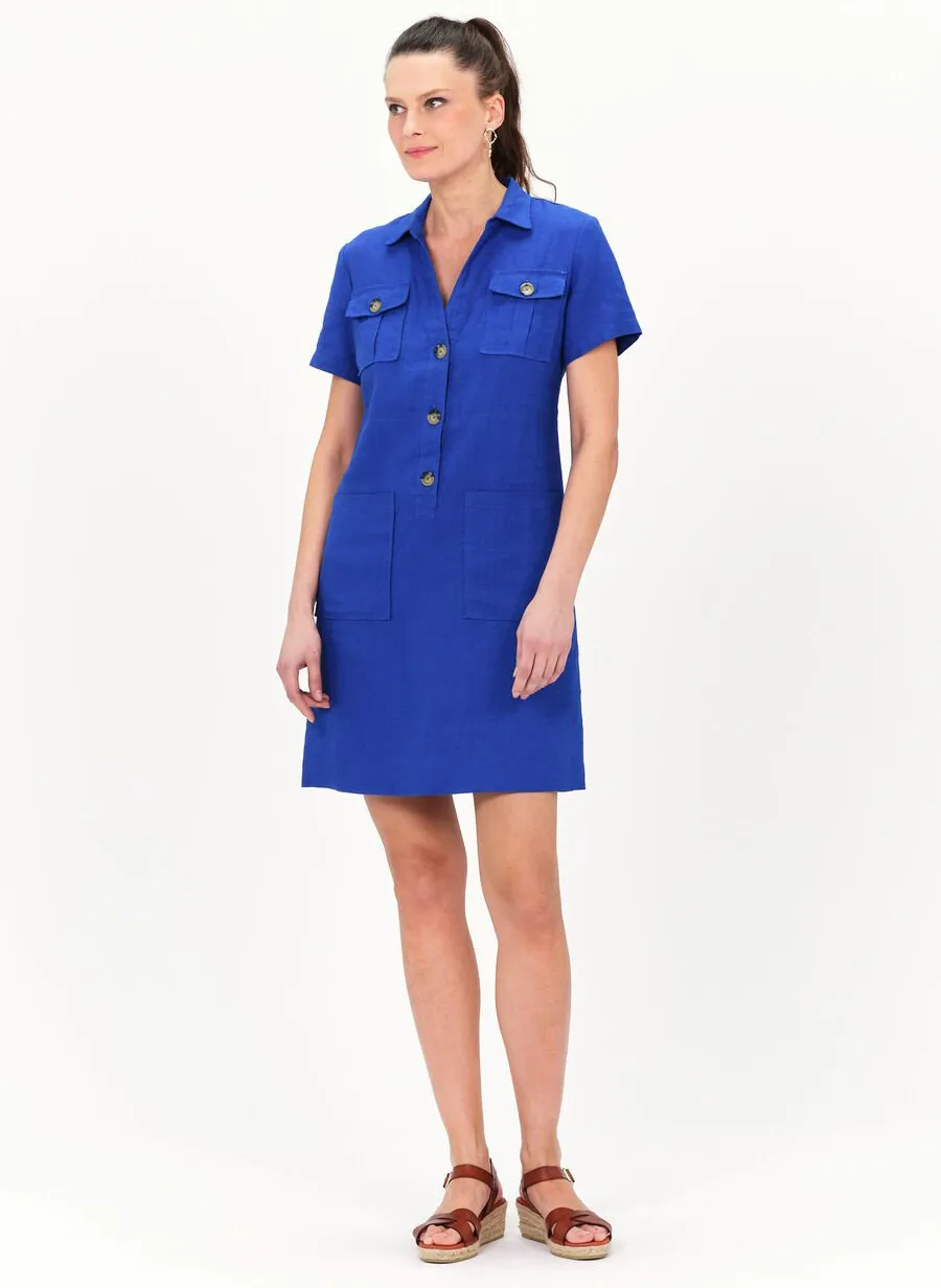 CAROLL LAUREB  VESTIDO CORTO DE LINO CON CUELLO CLáSICO EN AZUL