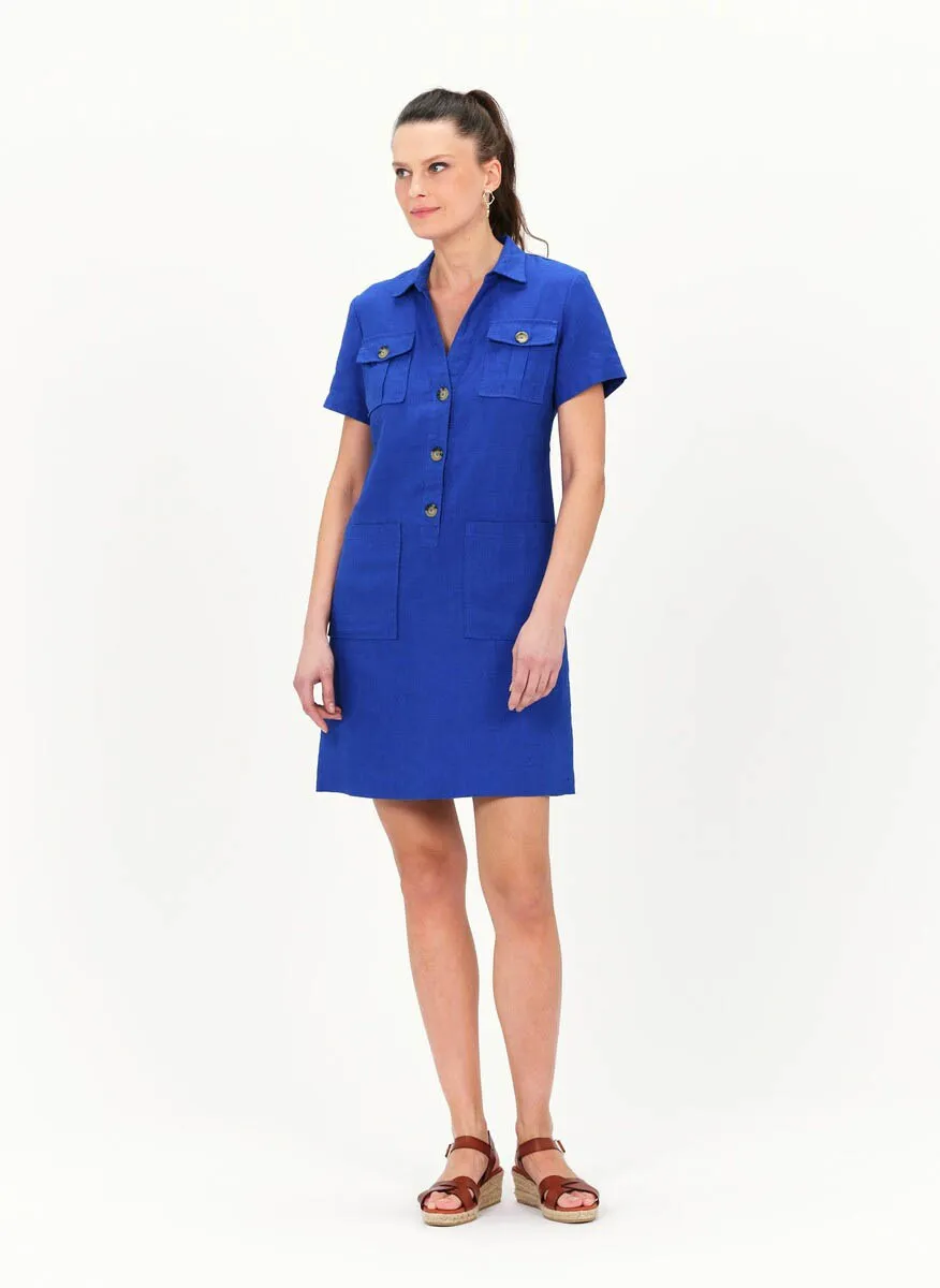 CAROLL LAUREB  VESTIDO CORTO DE LINO CON CUELLO CLáSICO EN AZUL
