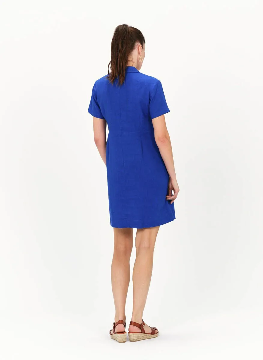 CAROLL LAUREB  VESTIDO CORTO DE LINO CON CUELLO CLáSICO EN AZUL