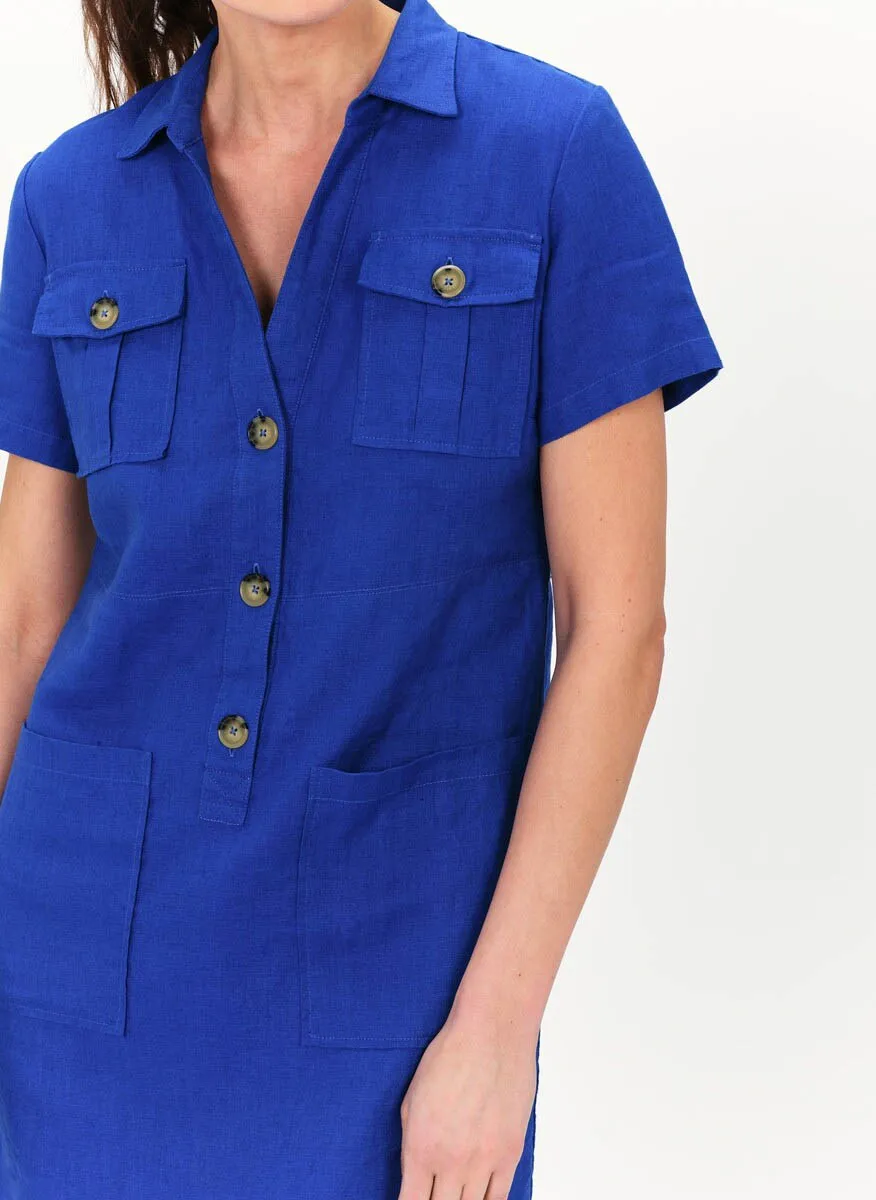 CAROLL LAUREB  VESTIDO CORTO DE LINO CON CUELLO CLáSICO EN AZUL