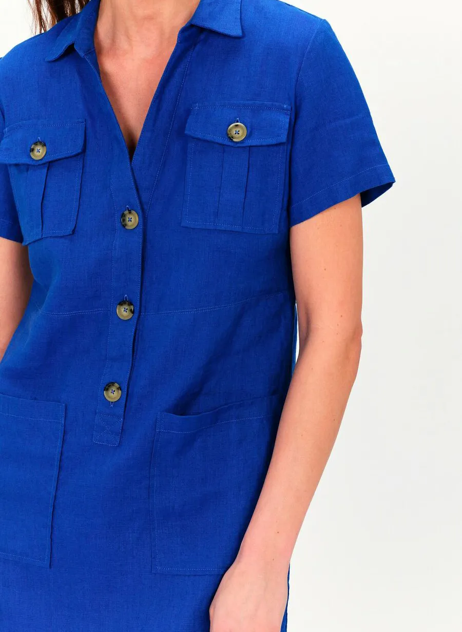CAROLL LAUREB  VESTIDO CORTO DE LINO CON CUELLO CLáSICO EN AZUL