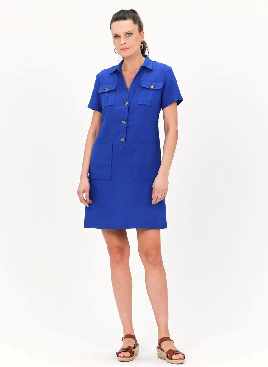CAROLL LAUREB  VESTIDO CORTO DE LINO CON CUELLO CLáSICO EN AZUL
