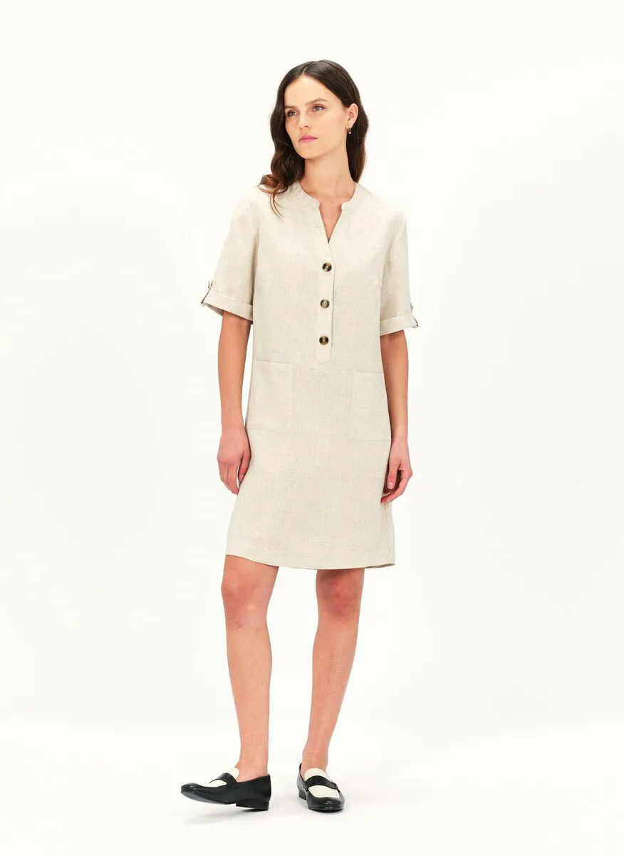 CAROLL ROUDE2  VESTIDO CORTO DE LINO CON CUELLO REDONDO EN BEIGE