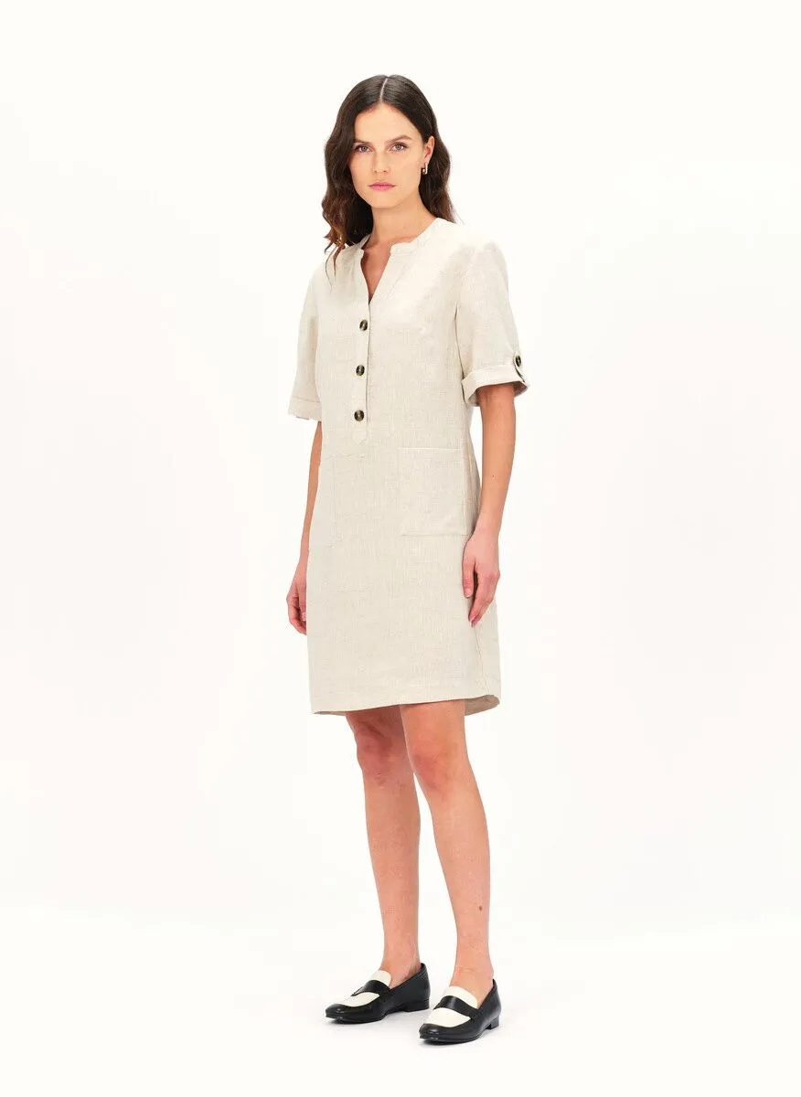 CAROLL ROUDE2  VESTIDO CORTO DE LINO CON CUELLO REDONDO EN BEIGE
