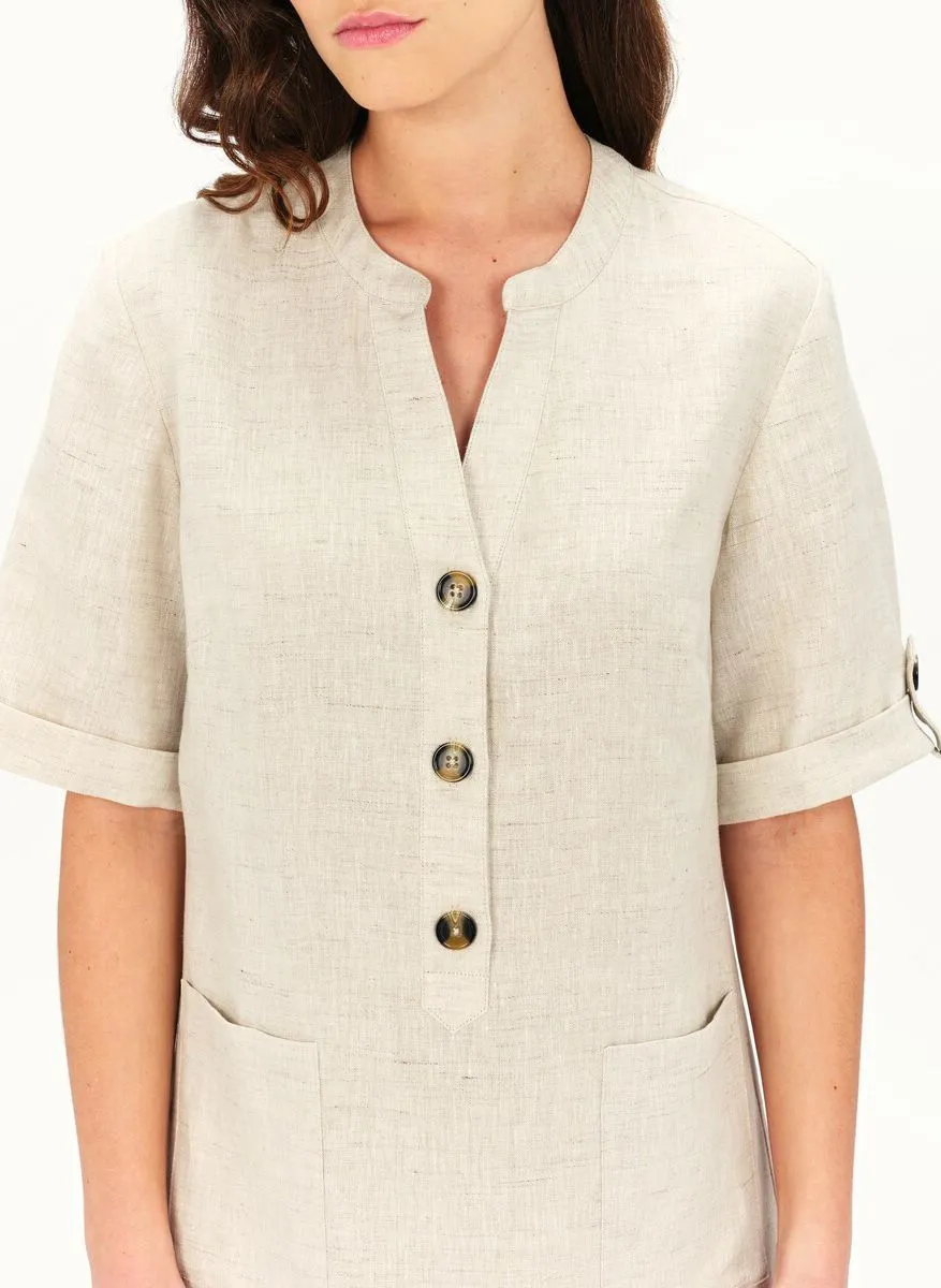 CAROLL ROUDE2  VESTIDO CORTO DE LINO CON CUELLO REDONDO EN BEIGE