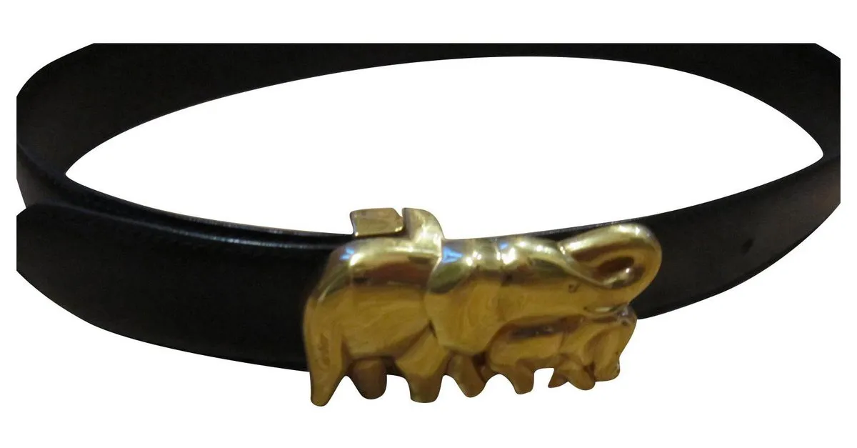 CARTIER  CINTURóN DE CUERO ELEFANTES  VINTAGE NEGRO DORADO 