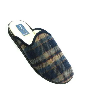 Chanclas paño cuadros suela de goma con borreguito por dentro Muro en azul marino