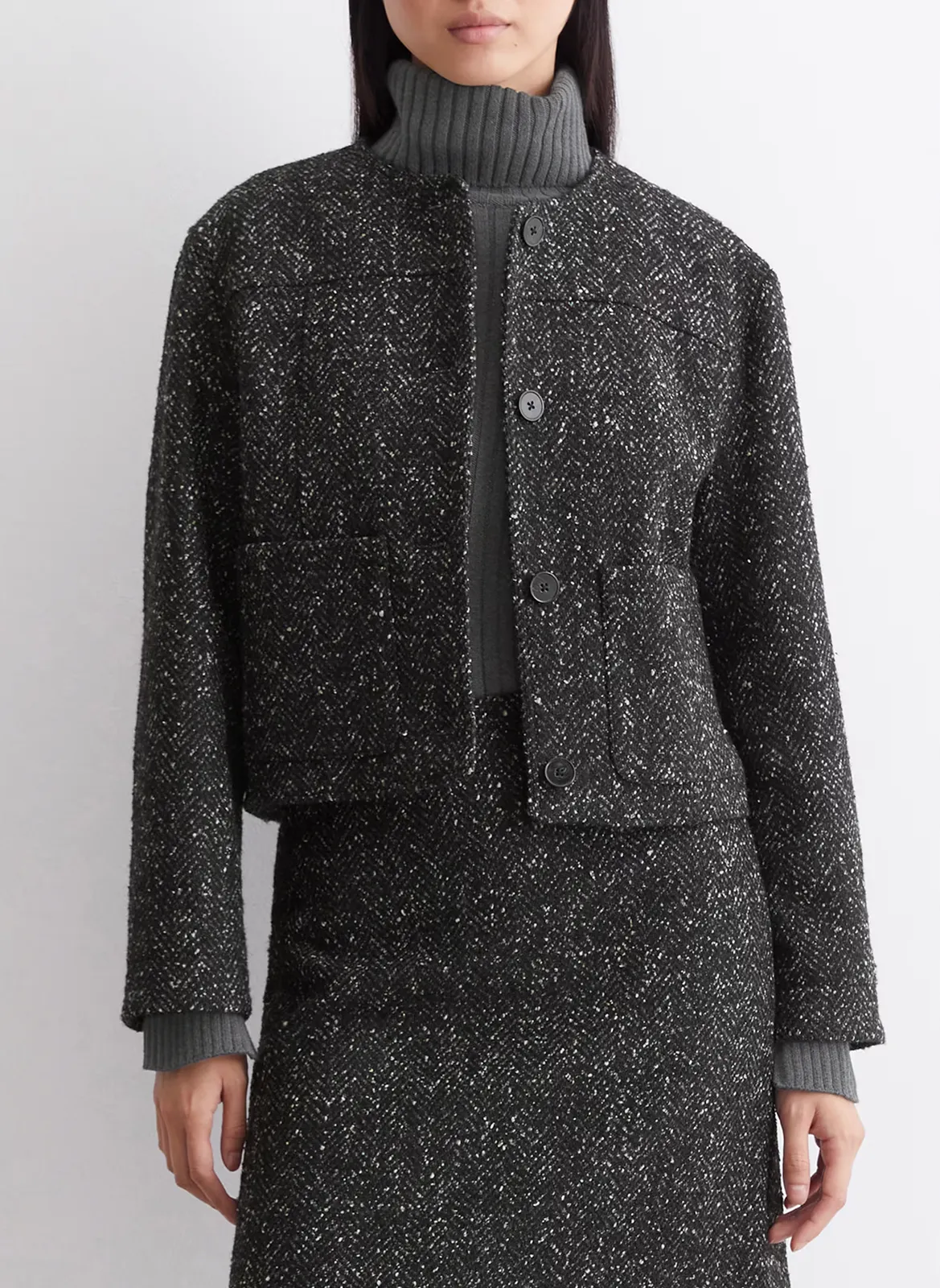 Chaqueta de cuello redondo de lana y algodón mezclados en negro