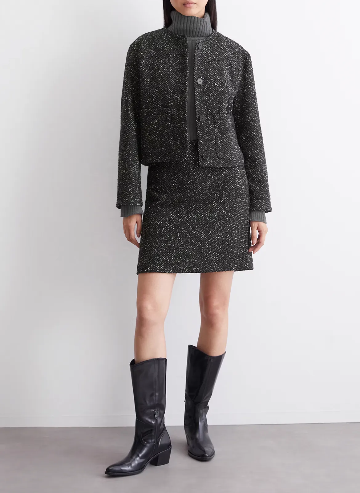 Chaqueta de cuello redondo de lana y algodón mezclados en negro