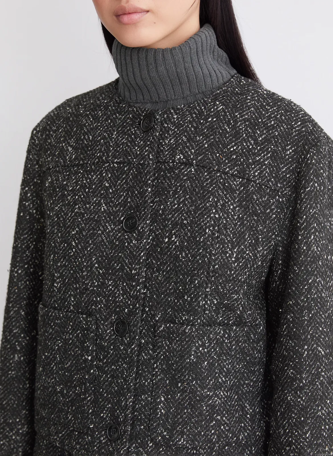 Chaqueta de cuello redondo de lana y algodón mezclados en negro