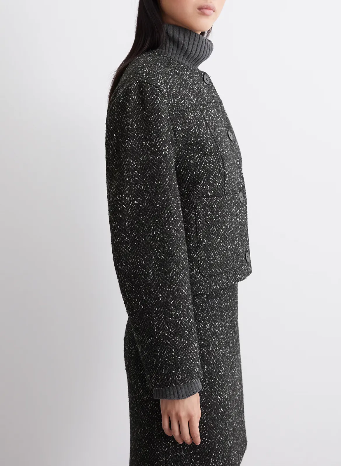 Chaqueta de cuello redondo de lana y algodón mezclados en negro