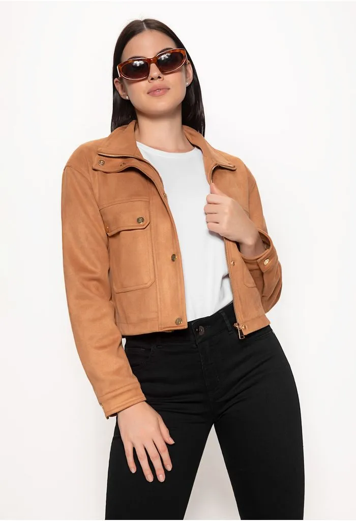 Chaqueta manga larga de suede para mujer