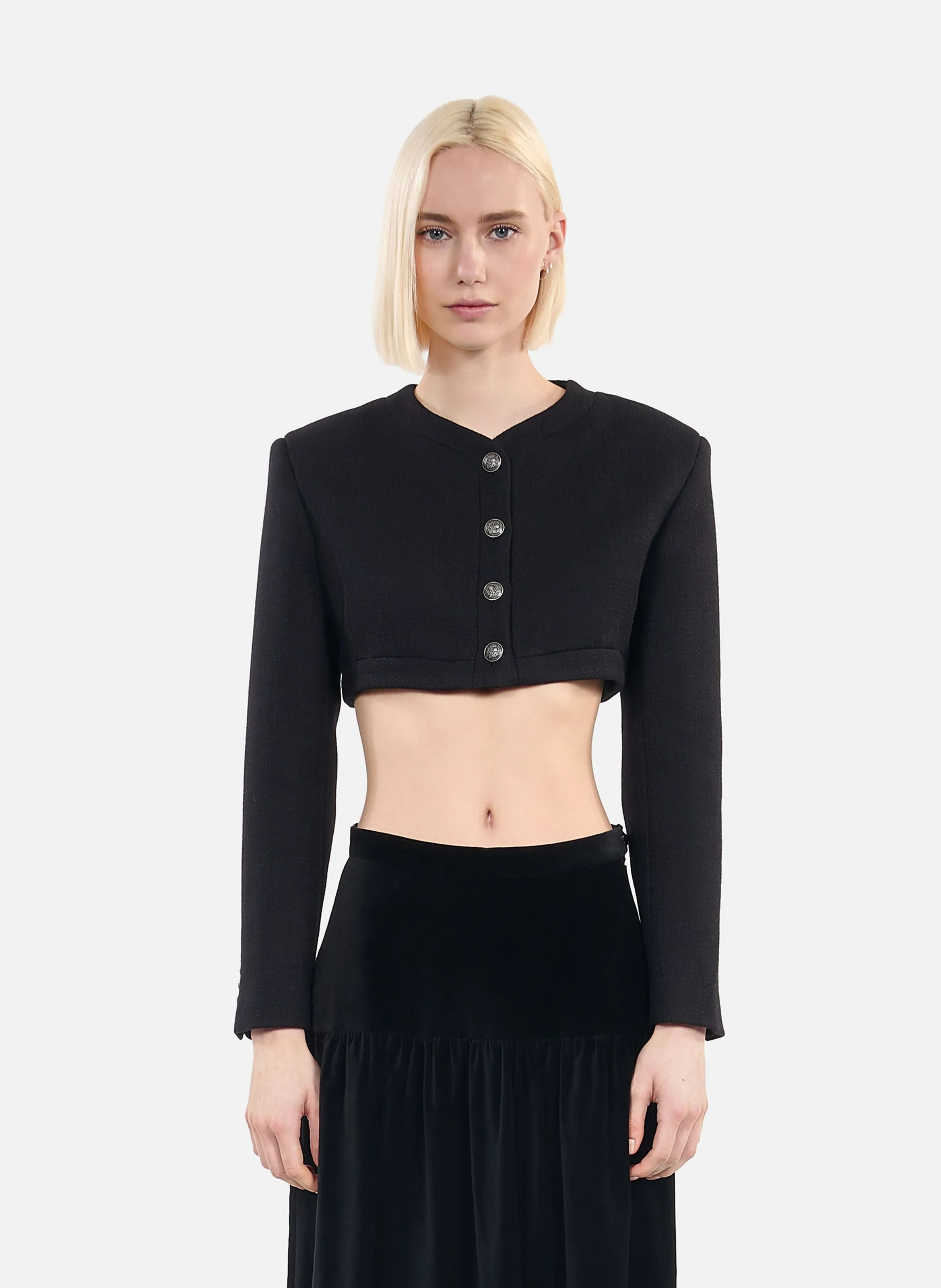 Chaqueta recta de cuello redondo en lana y algodón mezclado. en negro