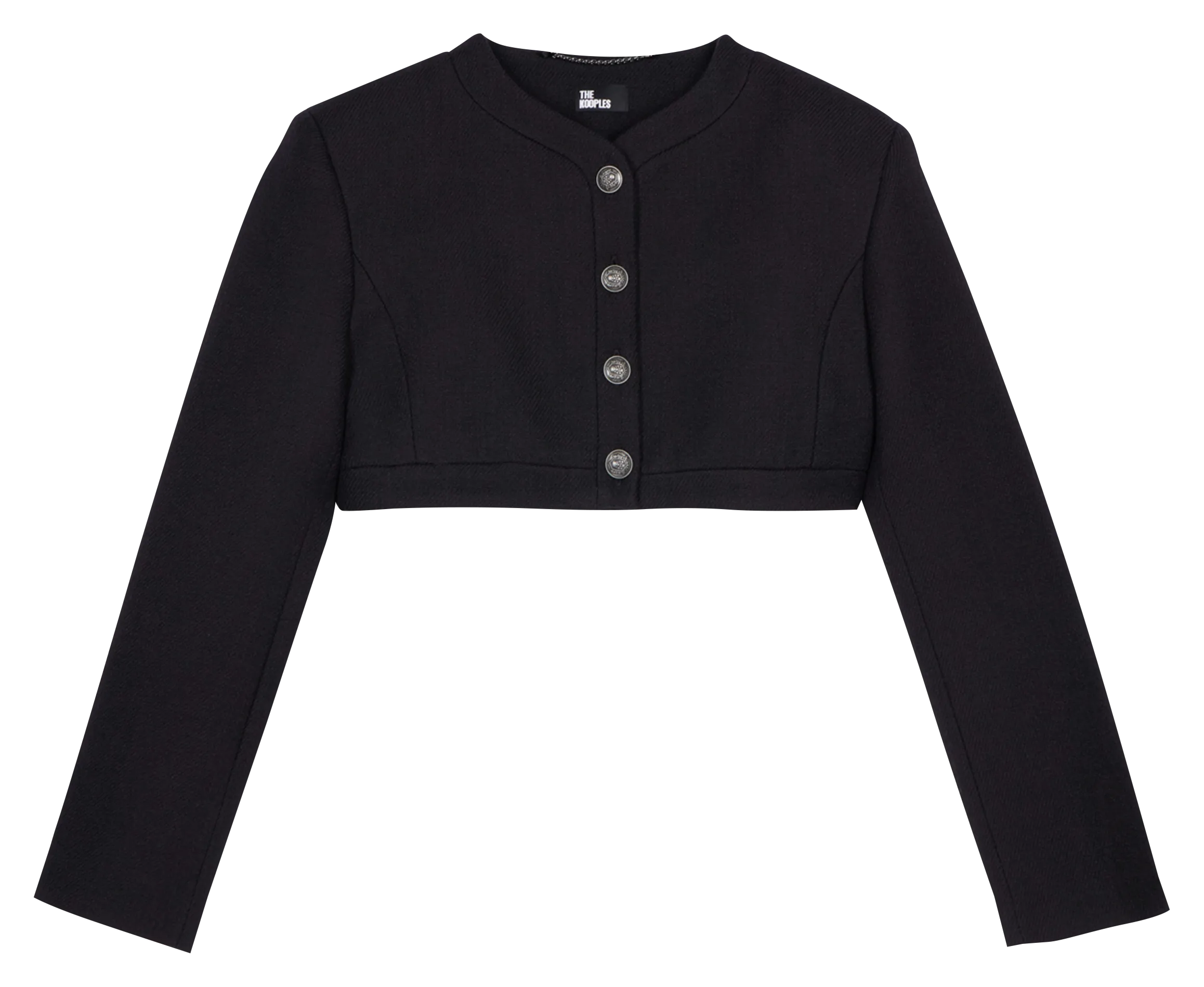Chaqueta recta de cuello redondo en lana y algodón mezclado. en negro