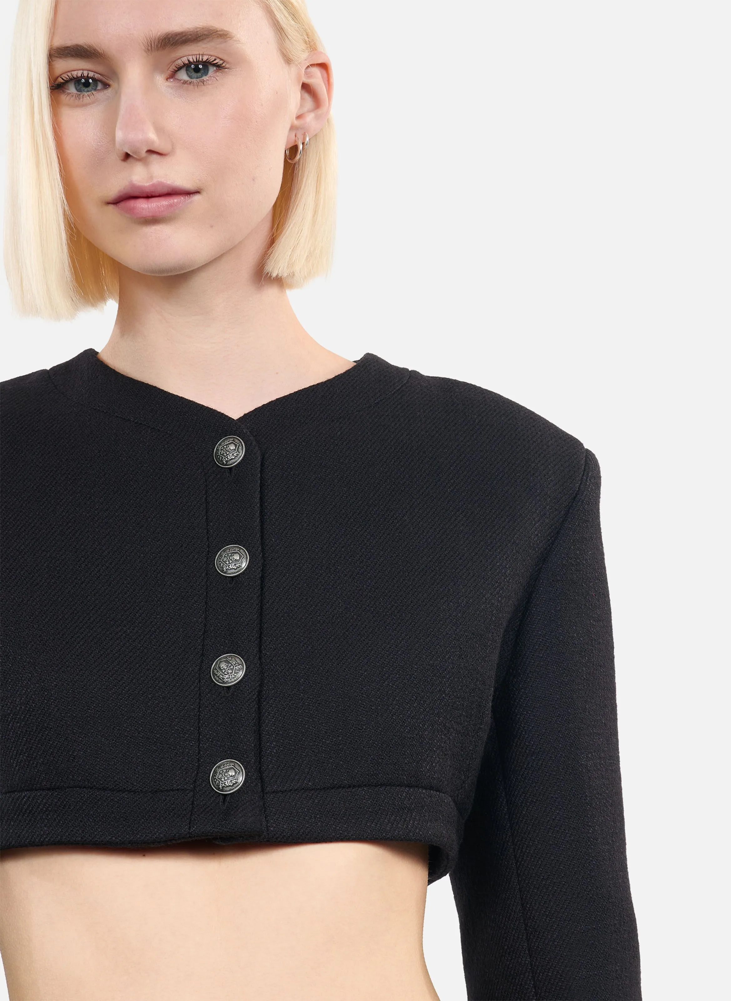 Chaqueta recta de cuello redondo en lana y algodón mezclado. en negro