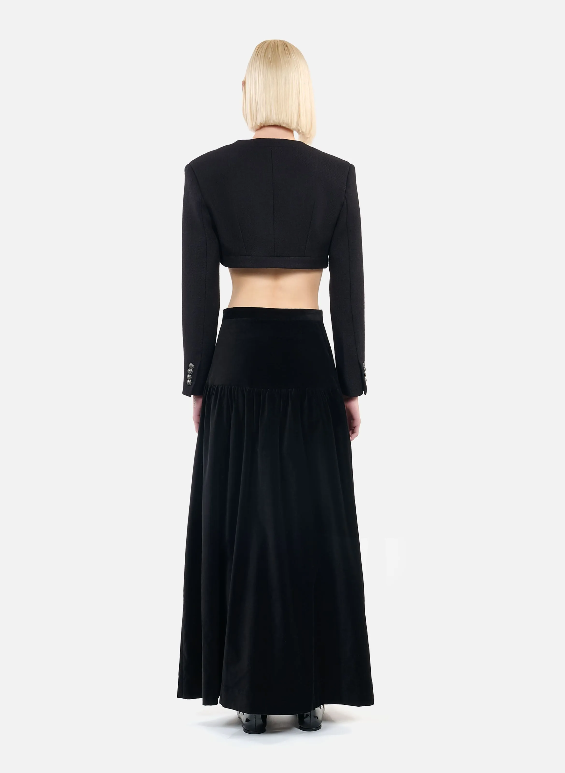 Chaqueta recta de cuello redondo en lana y algodón mezclado. en negro