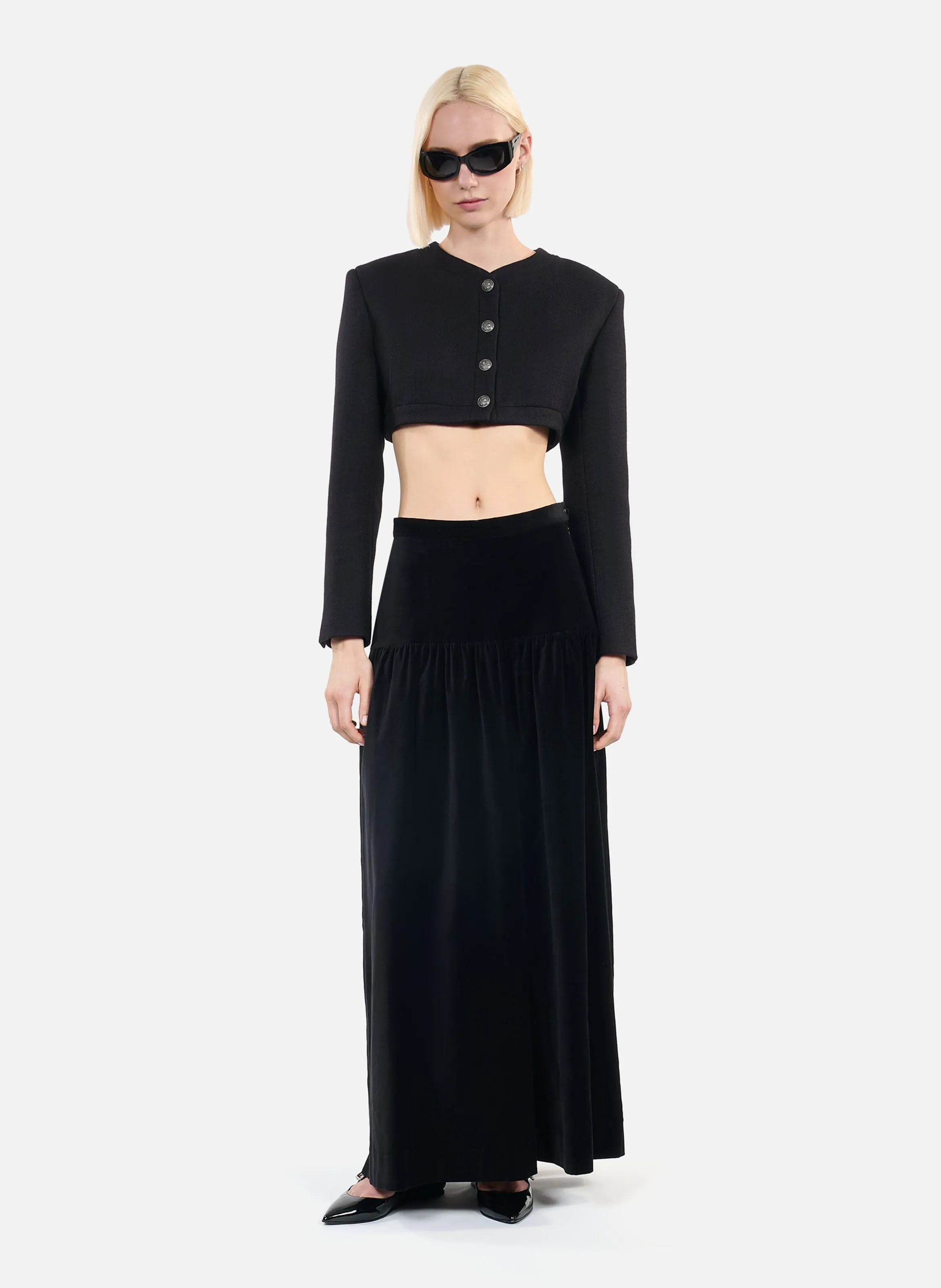 Chaqueta recta de cuello redondo en lana y algodón mezclado. en negro