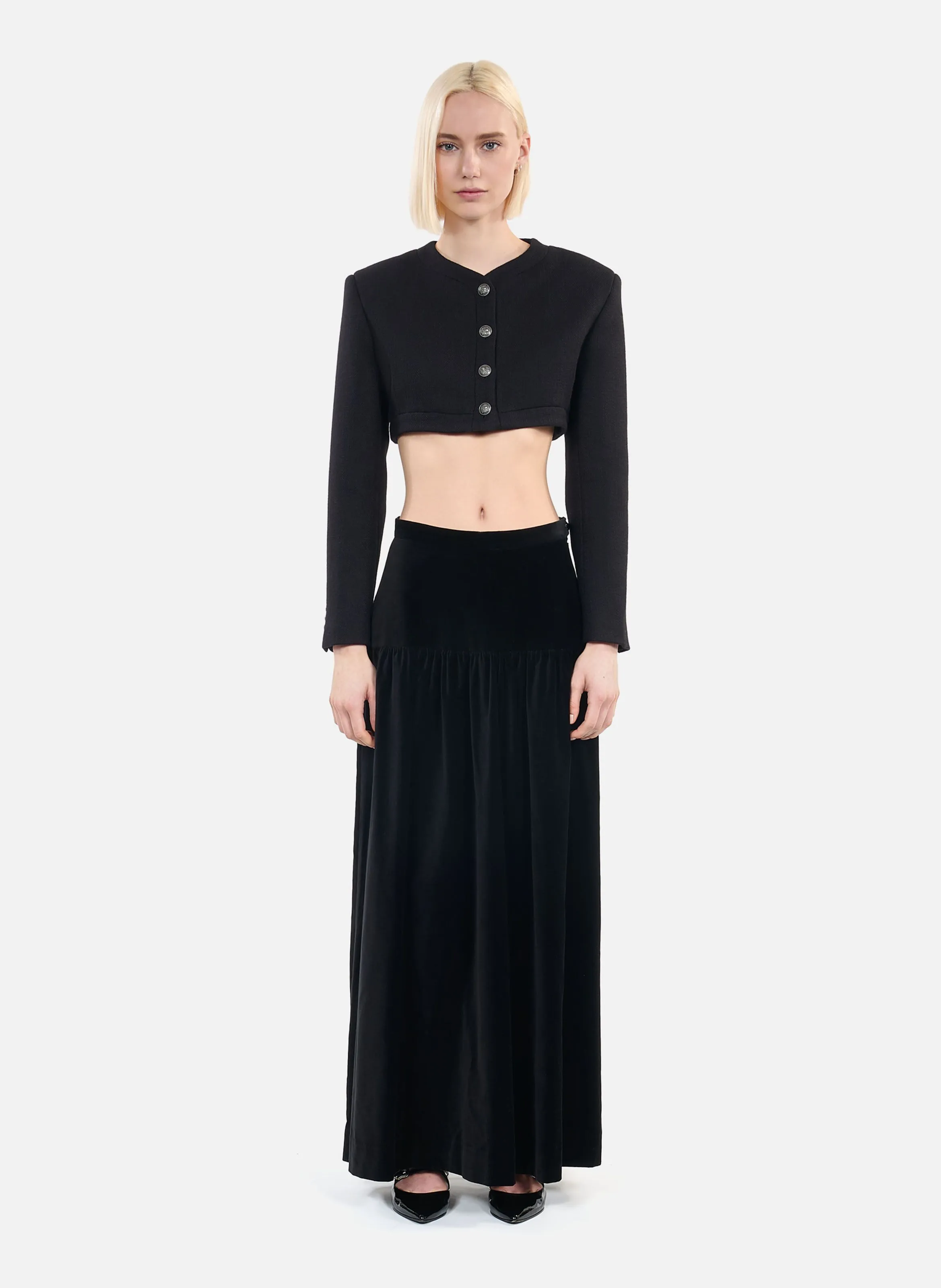 Chaqueta recta de cuello redondo en lana y algodón mezclado. en negro