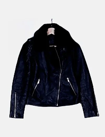 Comptoir des Cotonniers Chaqueta biker negra solapas pelo conejo