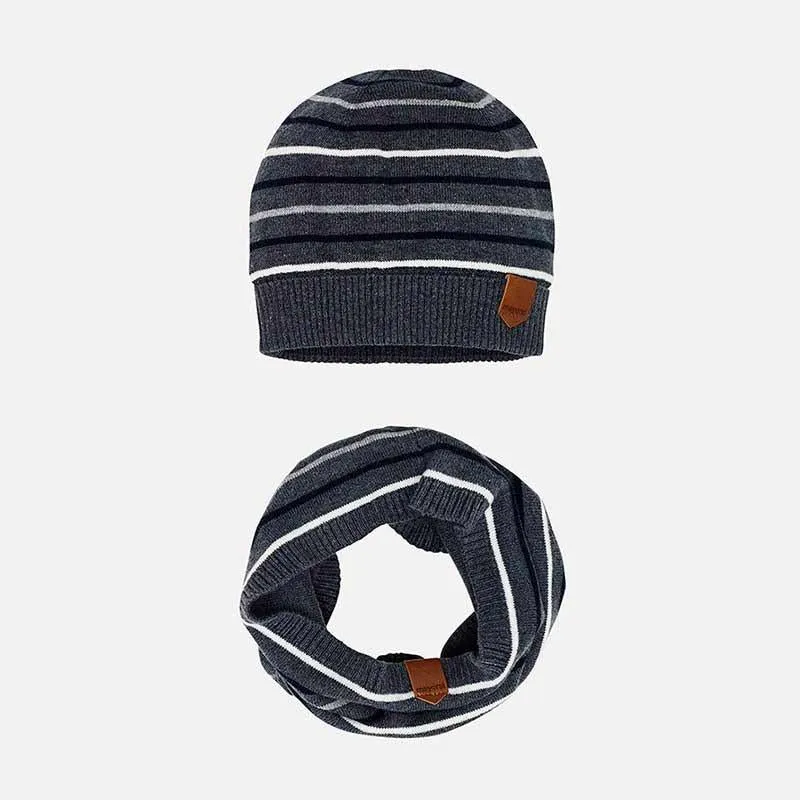 Conjunto gorro y cuello rayas gris