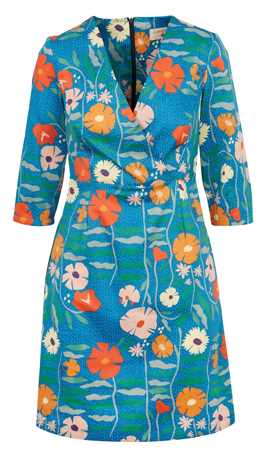 COTELAC Vestido corto recto de algodón estampado con cuello de pico en azul