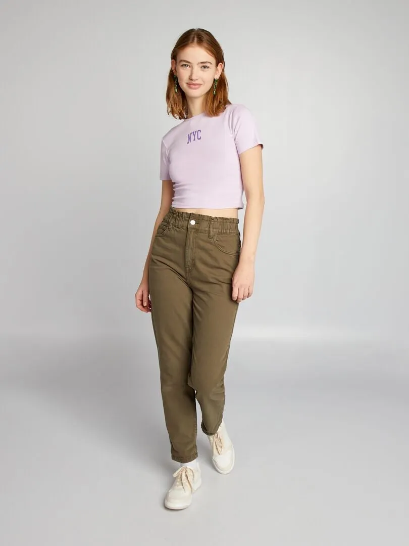 CROP TOP DE PUNTO CON ESTAMPADO 'NYC'  PURPURA