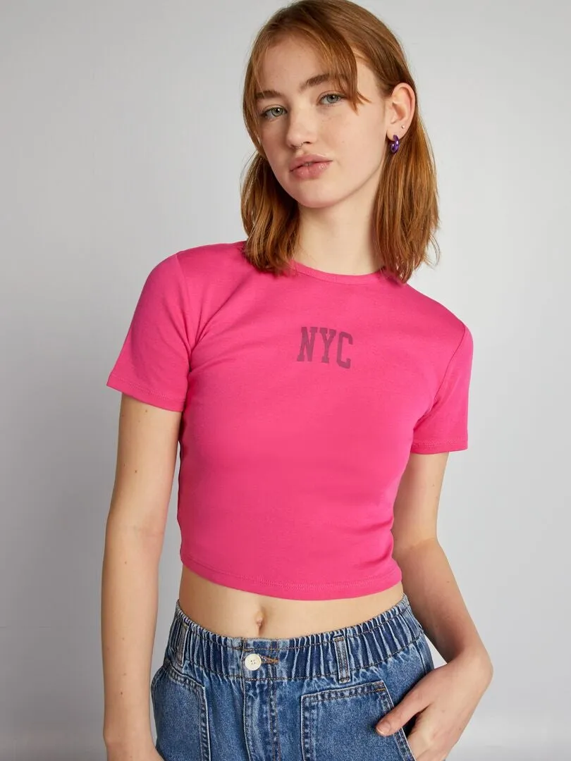 CROP TOP DE PUNTO CON ESTAMPADO 'NYC'  ROSA