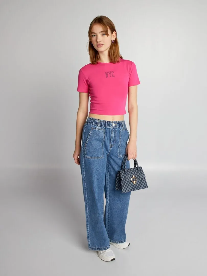 CROP TOP DE PUNTO CON ESTAMPADO 'NYC'  ROSA