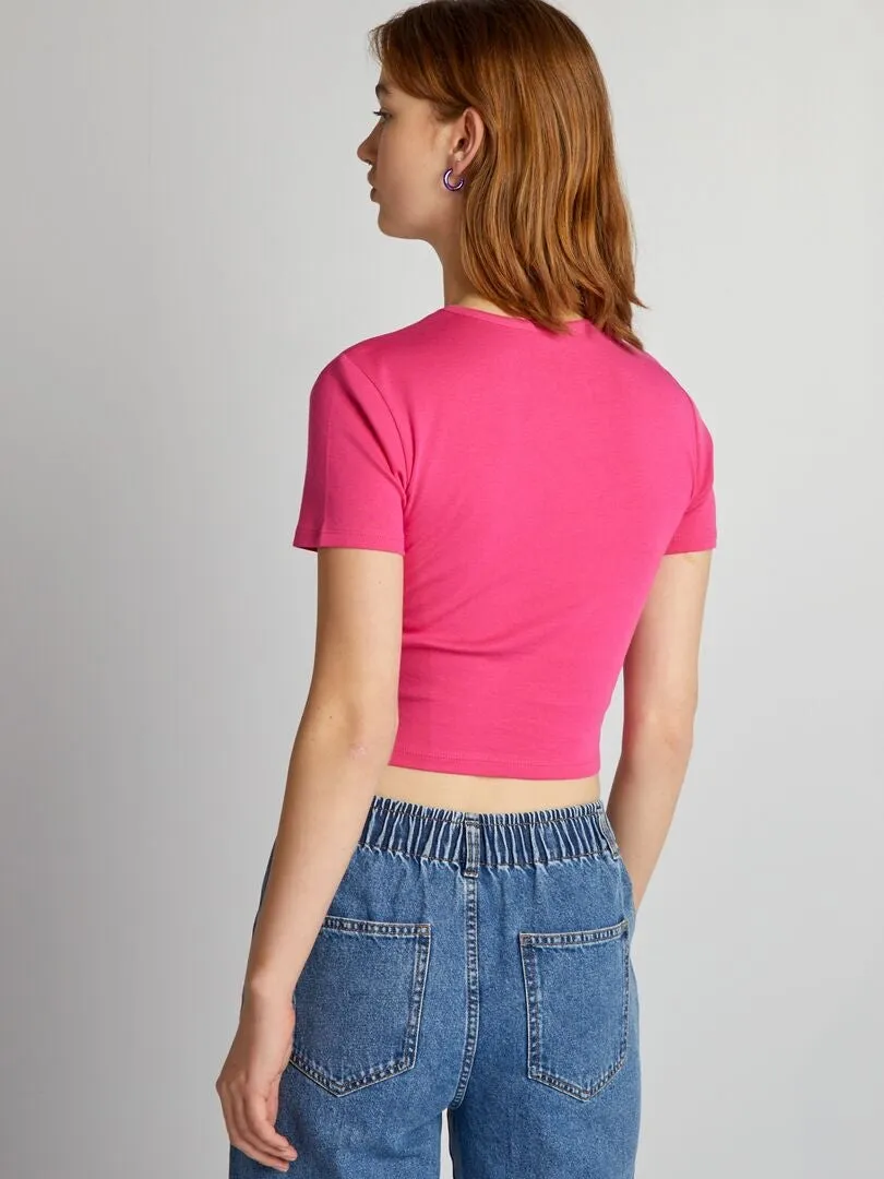 CROP TOP DE PUNTO CON ESTAMPADO 'NYC'  ROSA